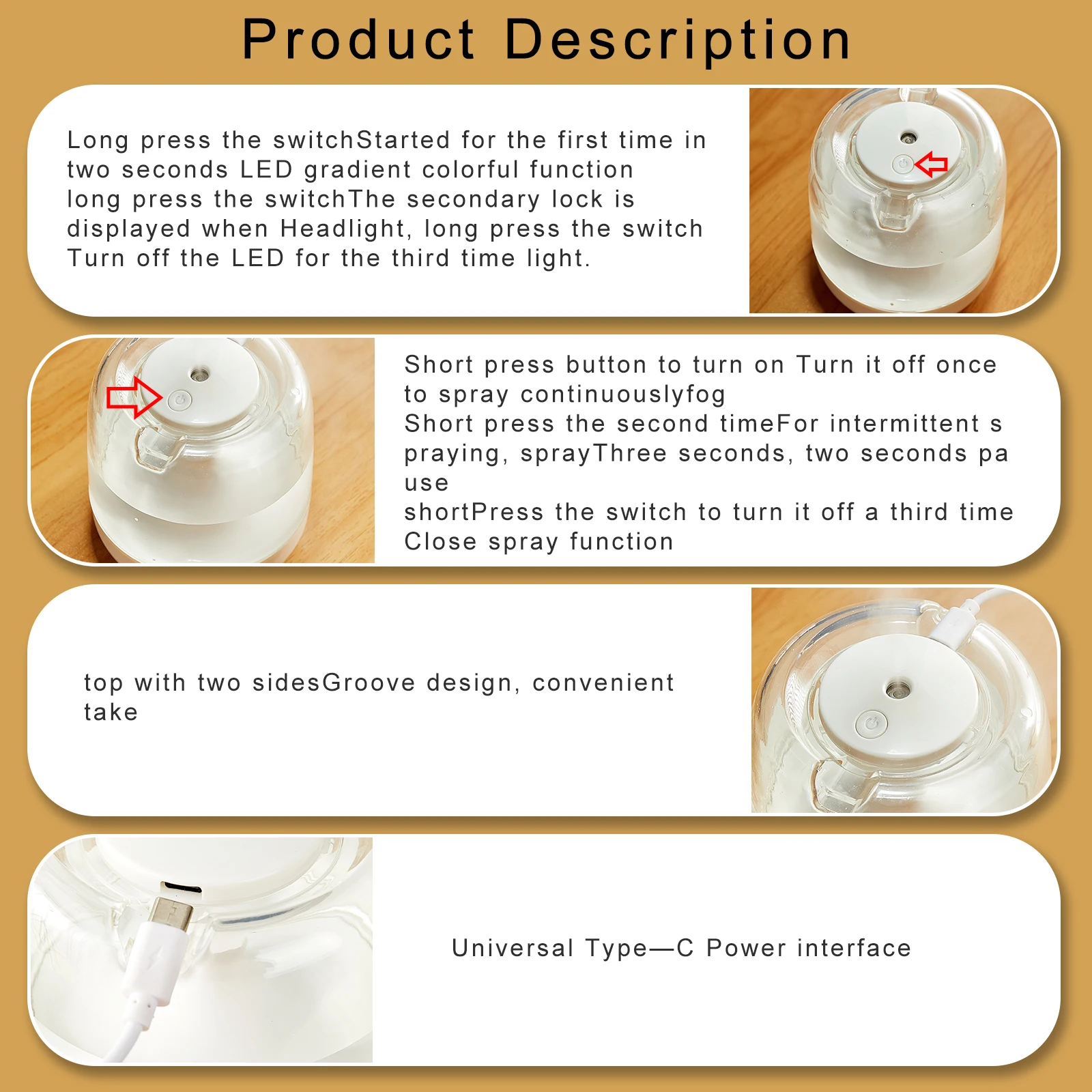 가정 침실 아로마 디퓨저 공기 가습기 에센셜 오일, 다채로운 야간 조명, USB 가습기, 휴대용 가습기, 650ml