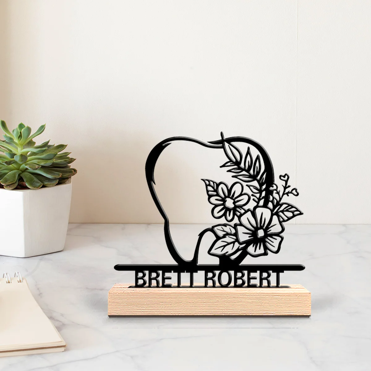 1pc Beauty Personalized Custom Tooth Metal Statues Metal Art with Wooden Base Tabletop Decoration Suitable for Dentists, Medical