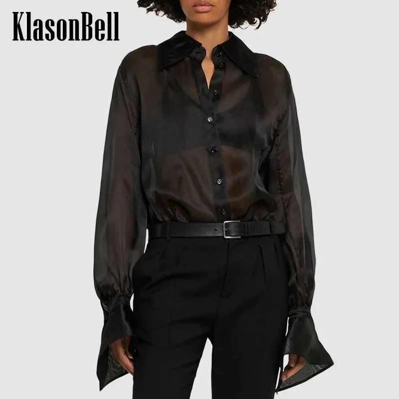 

8.26 KlasonBell Women New Fashion Bright Silk Fabric Spliced Long Sleeve Top Bodysuit Black Single Breasted All-match Playsuits