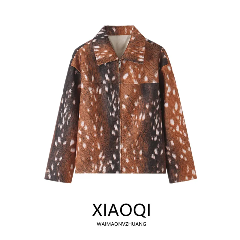 Fall 2026 Women's Suit Jacket Zipper Woolen Print Design Straight Cut Short Outerwear Fashion Trend European Style Coat