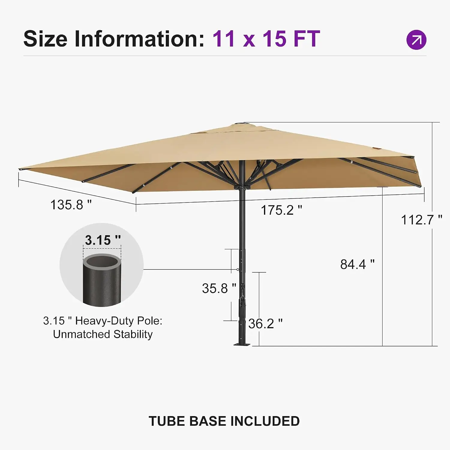 11' x 15' Patio Market Umbrella Thicken Aluminum Pole Outdoor Garden Poolside Beige, Customized