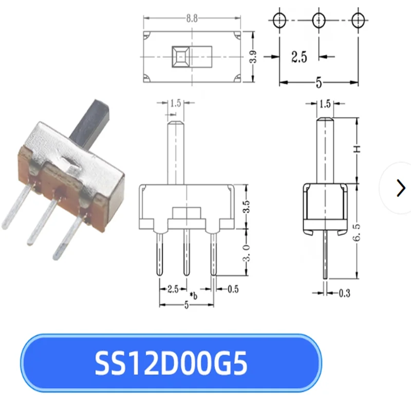 20PCS Mini Slide Switch On/Off SS12D00 3 pins 1P2T  2 positions high-quality toggle switch handle length: 2mm 3mm 4mm 5mm 6mm