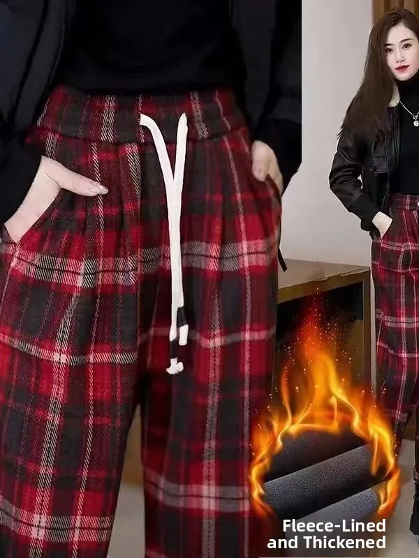 

plus Size Women's Plaid Harlan Pants Elastic Waist Thickened Casual Trousers Autumn Winter New Style Elegant Style High Waist