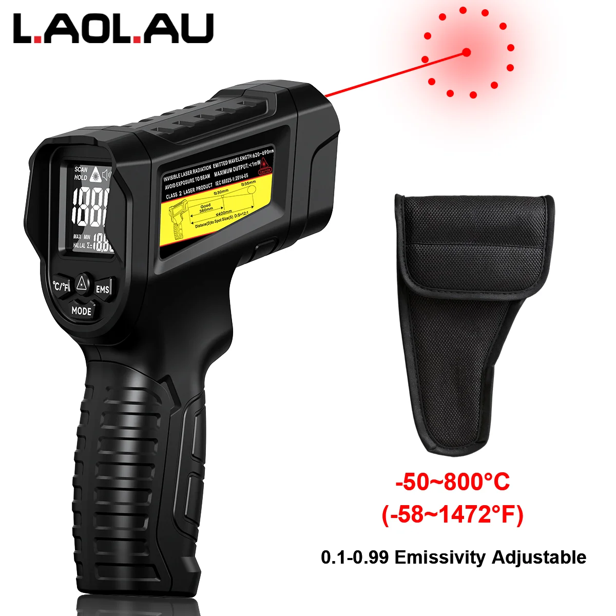 JD-10 Industrial IR Thermometer Gun -50°C~800°C Laser Temperature Gun High/Low Alarm Adjustable Emissivity for Home/Factory/BBQ