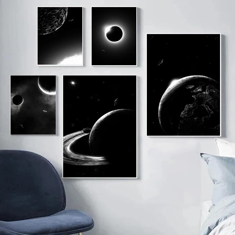 Retro Abstract Black and White Future Universe Planet Sci-fi Astronaut Poster Canvas Painting Wall Art Pictures Home Decor