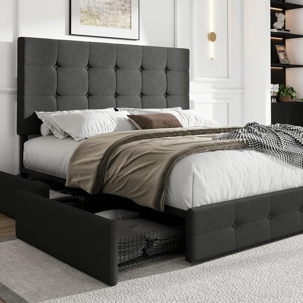 Sha Cerlin Upholstered Queen Size Platform Bed Frame With 4 Storage Drawers, Ad…
