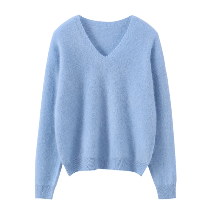 Autumn/Winter New Women's 100% Cashmere Sweater Casual Solid Hoodie Tops Loose V-neck Jumper Pulling Craftsmanship Thickend Warm