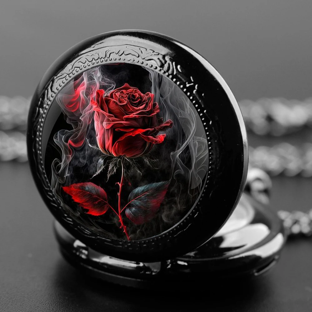 New Fashion Retro Rose Pattern Black Quartz Pocket Watch Pendant Necklace Men Watch Women Watch Jewelry Gift