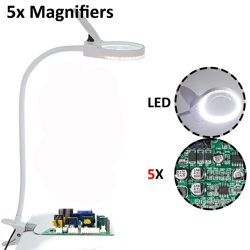 

New Lighted Magnifier Clip-on Table Top Desk LED Lamp Reading 5X Large Lens Magnifying Glass with Clamp