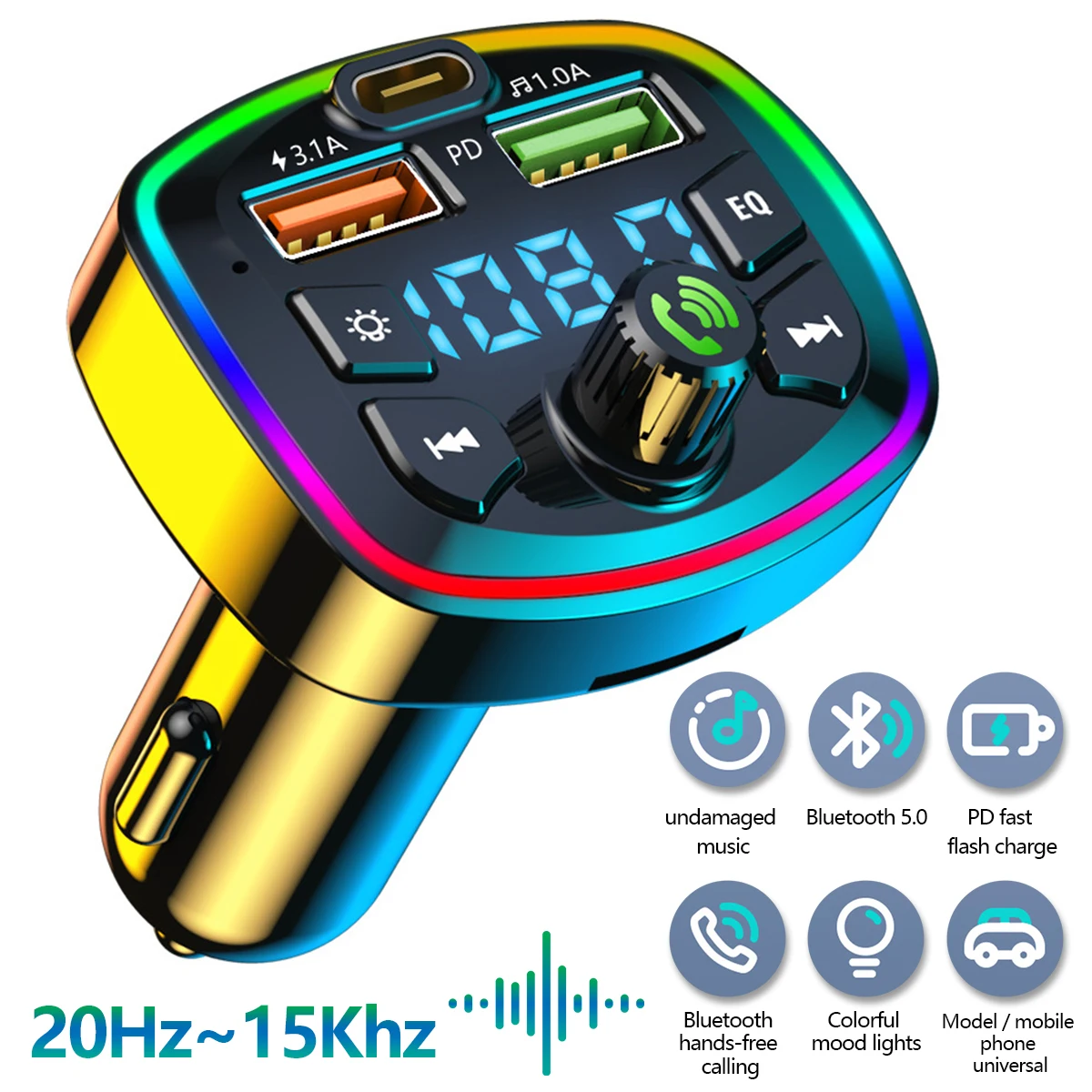 Q7 Carregador de Carro Bluetooth, Bluetooth 5.0, Transmissor FM, Mãos Livres, 2 Portas USB, Interface PD, Modulador FM Sem Fio