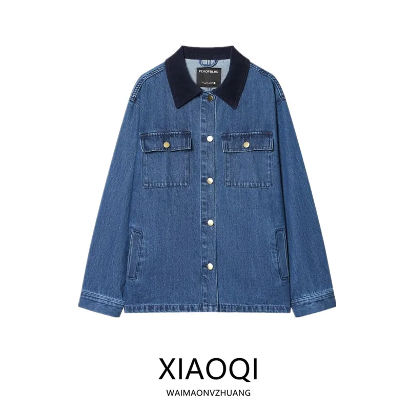 

Весенняя коллекция 2026: Женская свободная универсальная куртка из денима с воротником из вельвета, повседневная удлиненная модель на пуговицах, верхняя одежда для женщин