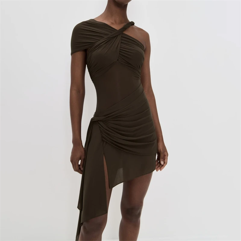 

Summer New Women's Asymmetrical Single Shoulder Pleated Sleeveless Dress Y2K High Quality Fashion Sexy Mini Skirt Slim Fit