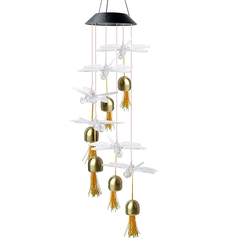 Impermeabile Solar Dragonfly Wind Chime cambia colore LED con campana Outdoor Hanging Decor romantico Patio Light per giardino