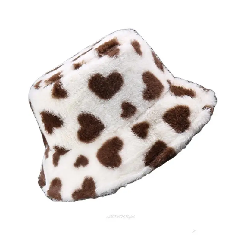 X5XA Lovely Heart Pattern Bucket Hat for Daily Wear Fashion Plush Fisherman Hat Warm Headwear for Outdoor Shopping Walking