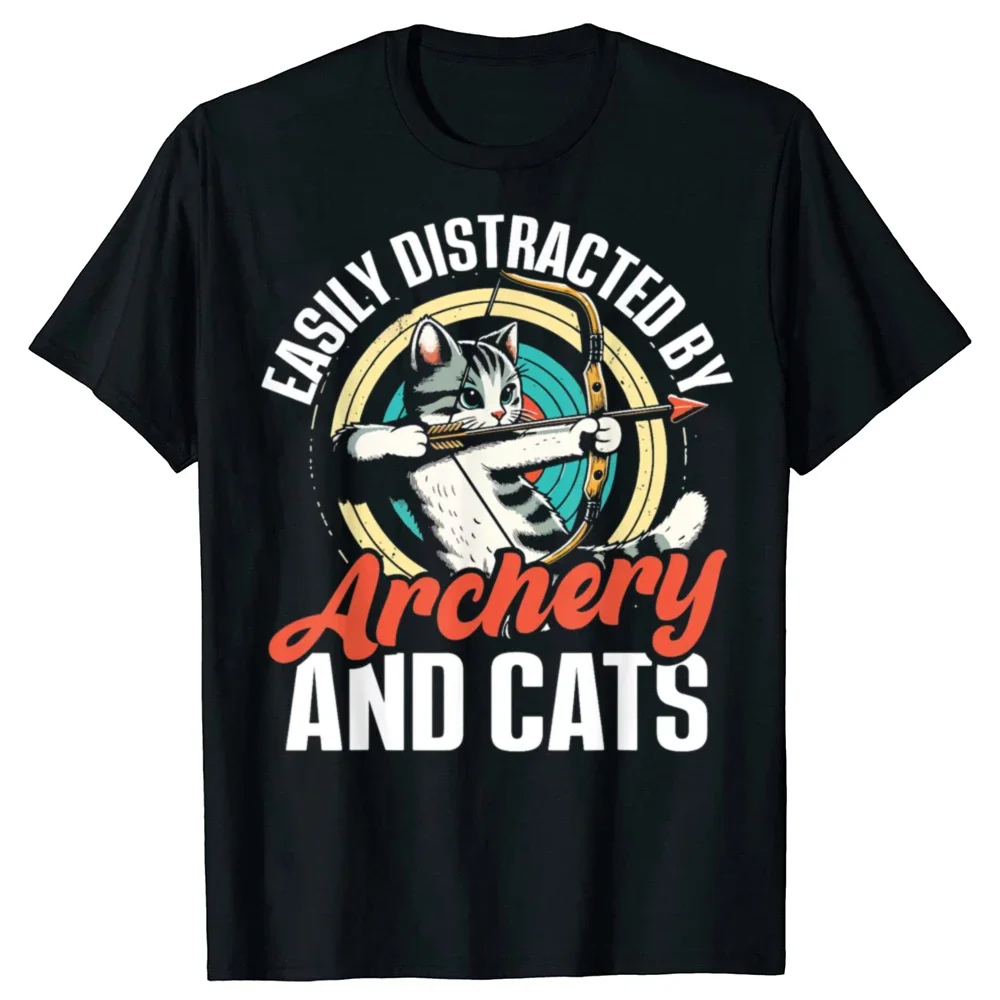 

Easily Distracted By Archery And Cats Graphic Tee Funny Archer Cat Lover Short Sleeve T-Shirt Unisex