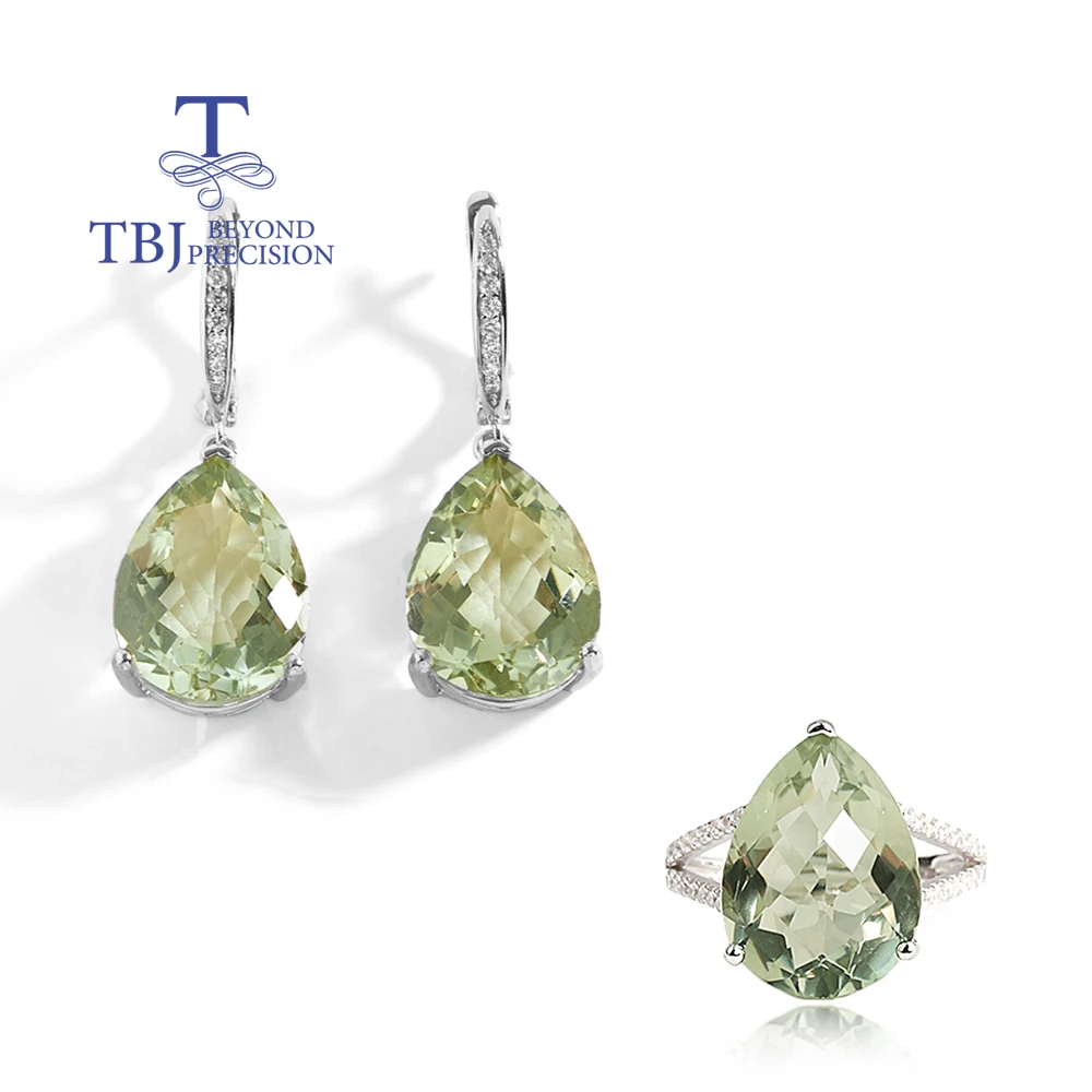 

Natural pear 12*16mm Green Amethyst Jewelry Set Classic design 925 sterling silver Ring earrings for women's party birthday wear