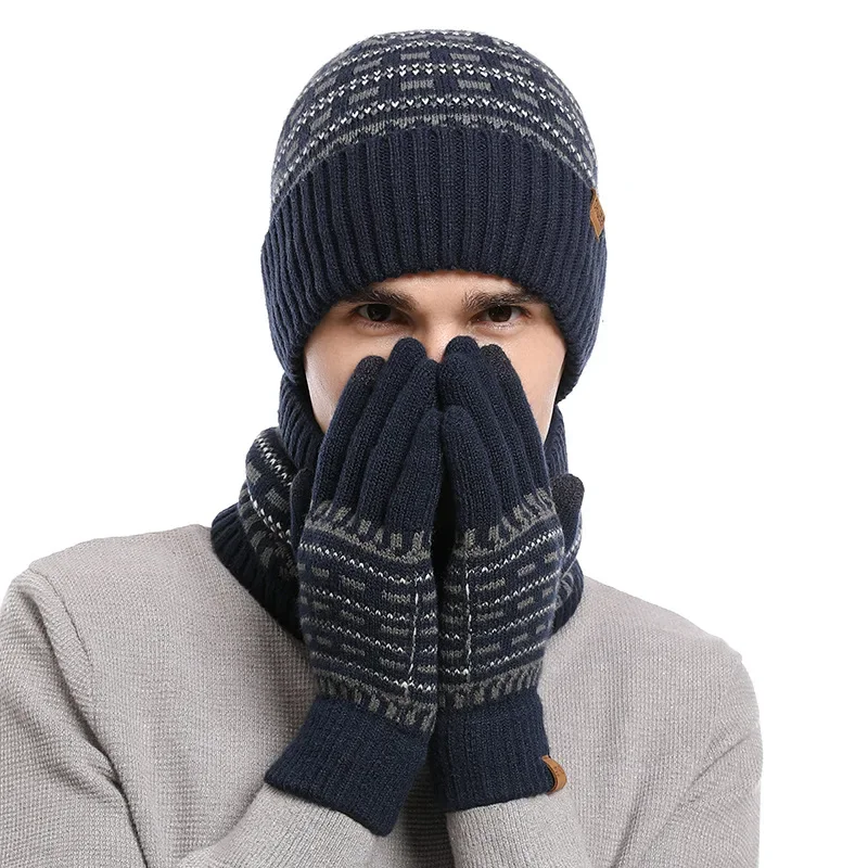 Fashion Trend European American Autumn Winter Men\'s Luxury Knitted Hat, Scarf, Glove,Warm Three Piece Set Clothing Accessories