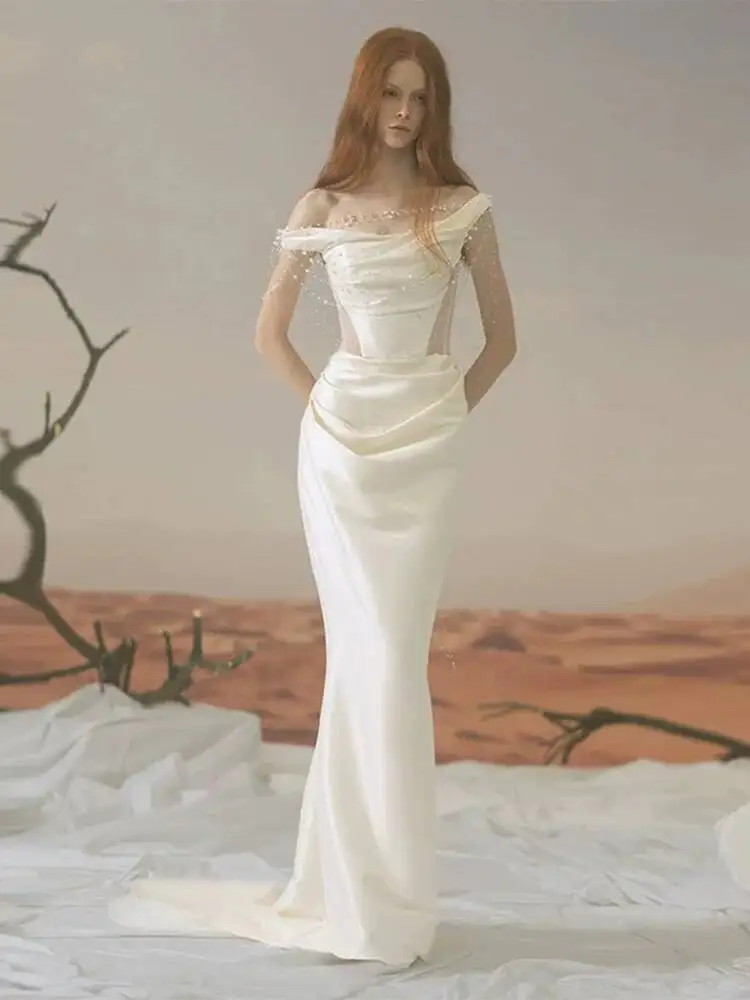 Mermaid-style Light Wedding Dress 2026 New Model, Off-shoulder Pearl Niche White Engagement Dress, Elegant Satin Evening Gown - view 2