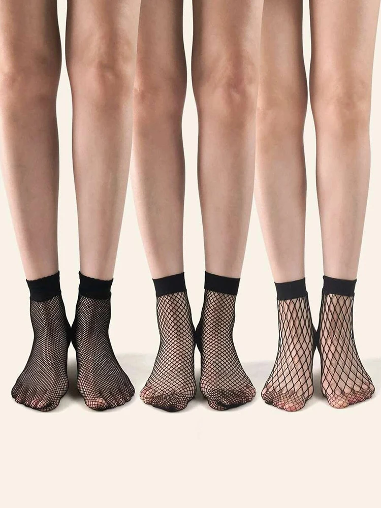 3 Paar atmungsaktive Fischernetzsocken für Damen, modisch, Sommer, sexy, schwarz, groß, mittel und klein, kariert, atmungsaktiv, lässig – Detail 2