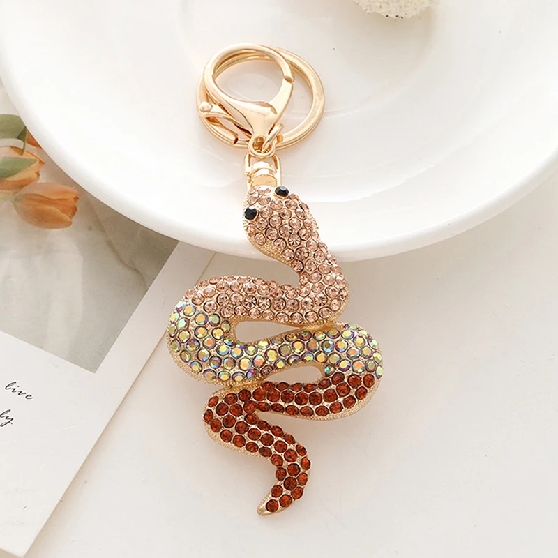 1PC Metal Rhinestone Gradient Snake Bag Charms Car Souvenirs Keychain Jewelry Snake Pendant Key Ring For Women