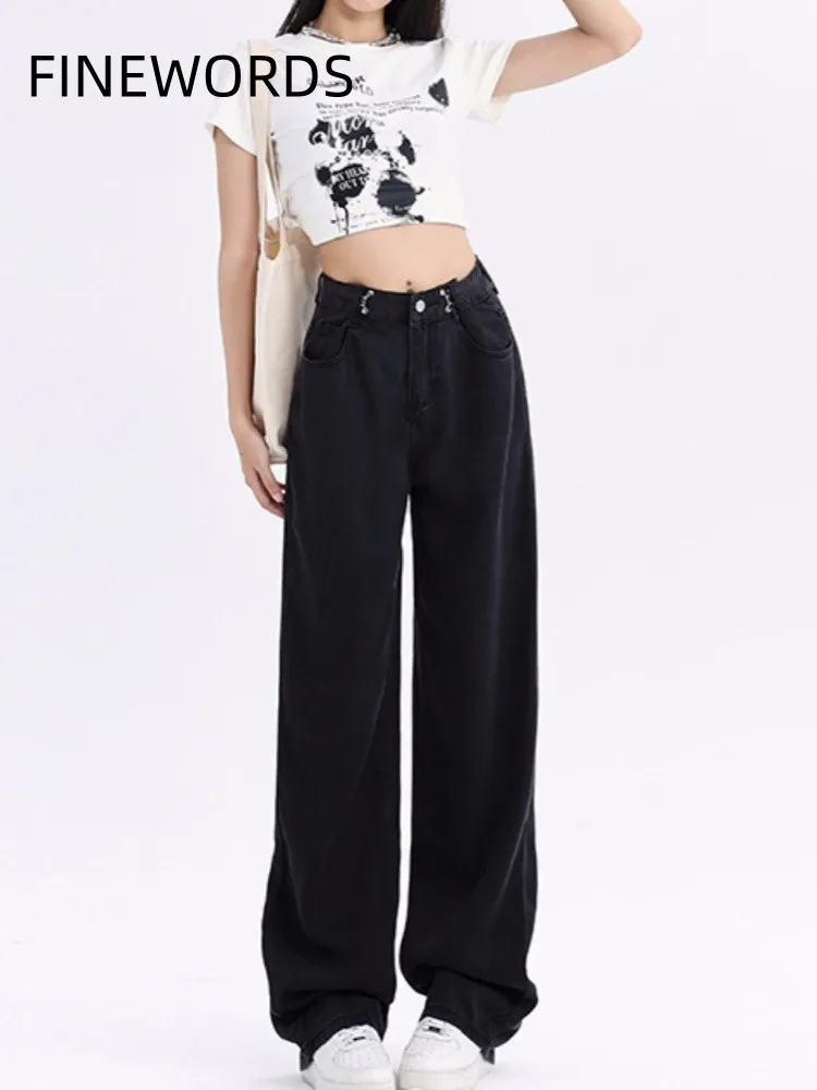 FINEWORDS Causal Vintage Y2K Wide Leg Baggy Jeans Women Streetwear Black Denim Pants Full Length Punk High Waist Pants