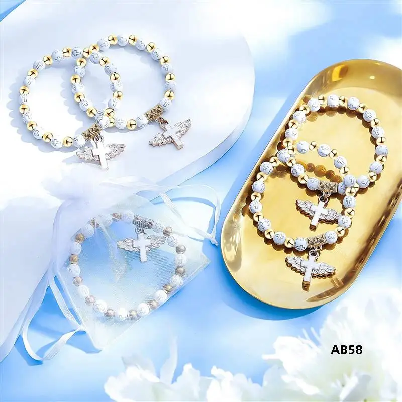

4X Angel Wing Cross Bracelet Favor With Organza Bags Acrylic Baptism Favor For Boy And Girl Communion Birthday Wedding