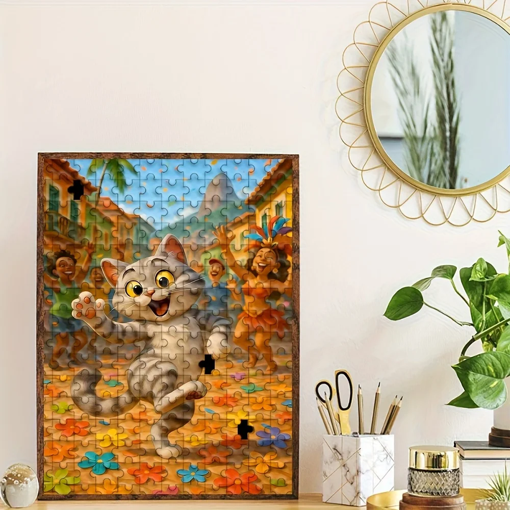 Festliches Karnevalspuzzle mit Katze in Rio-Straßenszene, Puzzle für Erwachsene, fröhliches Thema, geistiges Spiel, Heim- und Freizeitdekoration, Puzzle-Spielzeug