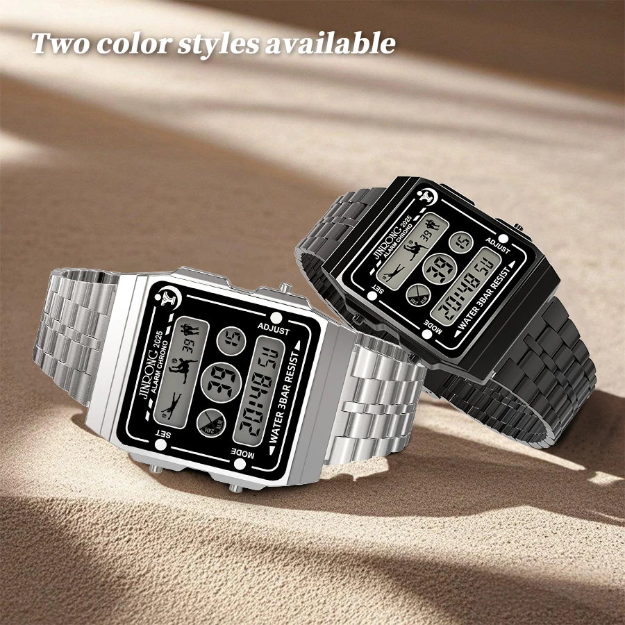 ساعة رياضية إلكترونية متعددة الوظائف من الفولاذ المقاوم للصدأ للرجال، مقاومة للماء حتى 30 مترًا، إضاءة ليلية LED ملونة، كرونوغراف