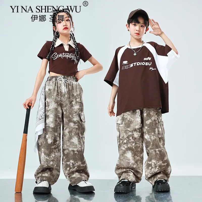 Kid Hip Hop Clothing Brown Crop Top T Shirt Camouflage Casual Strap Cargo Baggy Pants for Girl Boy Jazz Dance Costume Clothes
