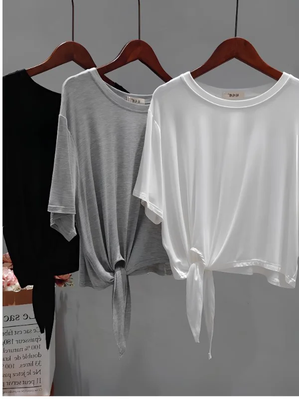 Ultra Soft Skin-Friendly Modal Summer Loose Short Sleeve T-Shirt Women's Asymmetrical Knot Yoga Wear Top Korean Style High Waist