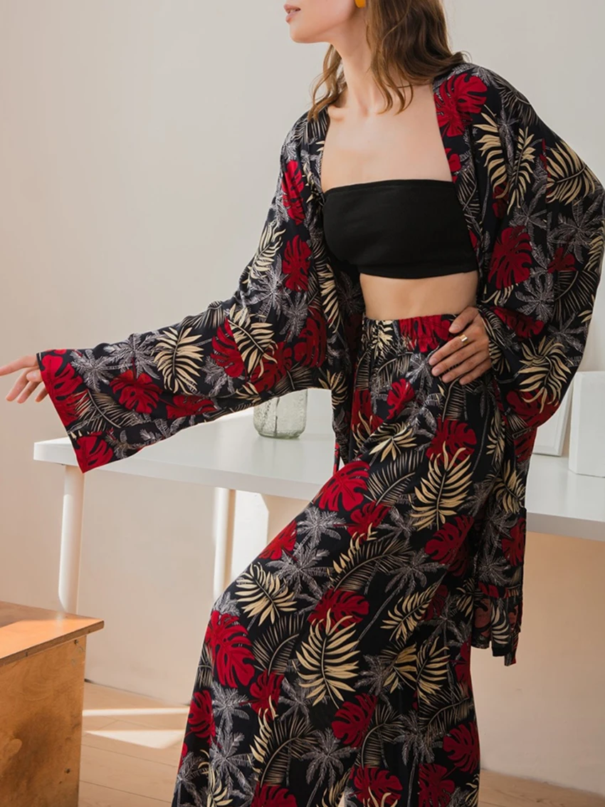 Marthaqiqi Printing Female Nightwear Suit Long Sleeve Pajamas Sexy V-Neck Robe  Lace Up Nightgowns Pants Loose Women Pyjamas Set