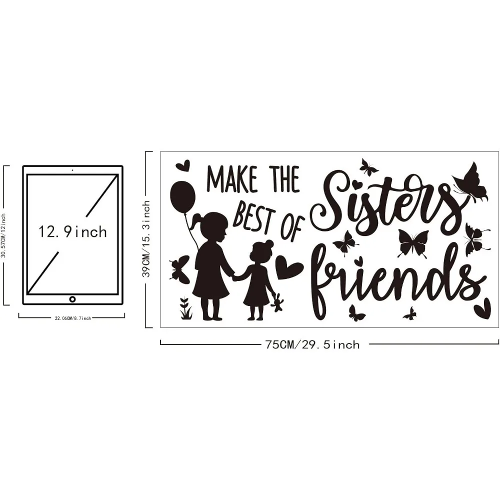 Black and White Wall Decals Sisters Make The Best of Friends Stickers with Butterfly Vinyl Wall Decoration