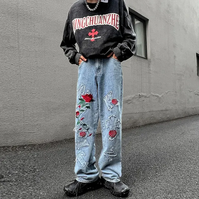 

Baggy Wide-leg Pants Three-dimensional Embroidered Jeans European and American Hiphop Pants Hipster Ins High Street Men's Pants