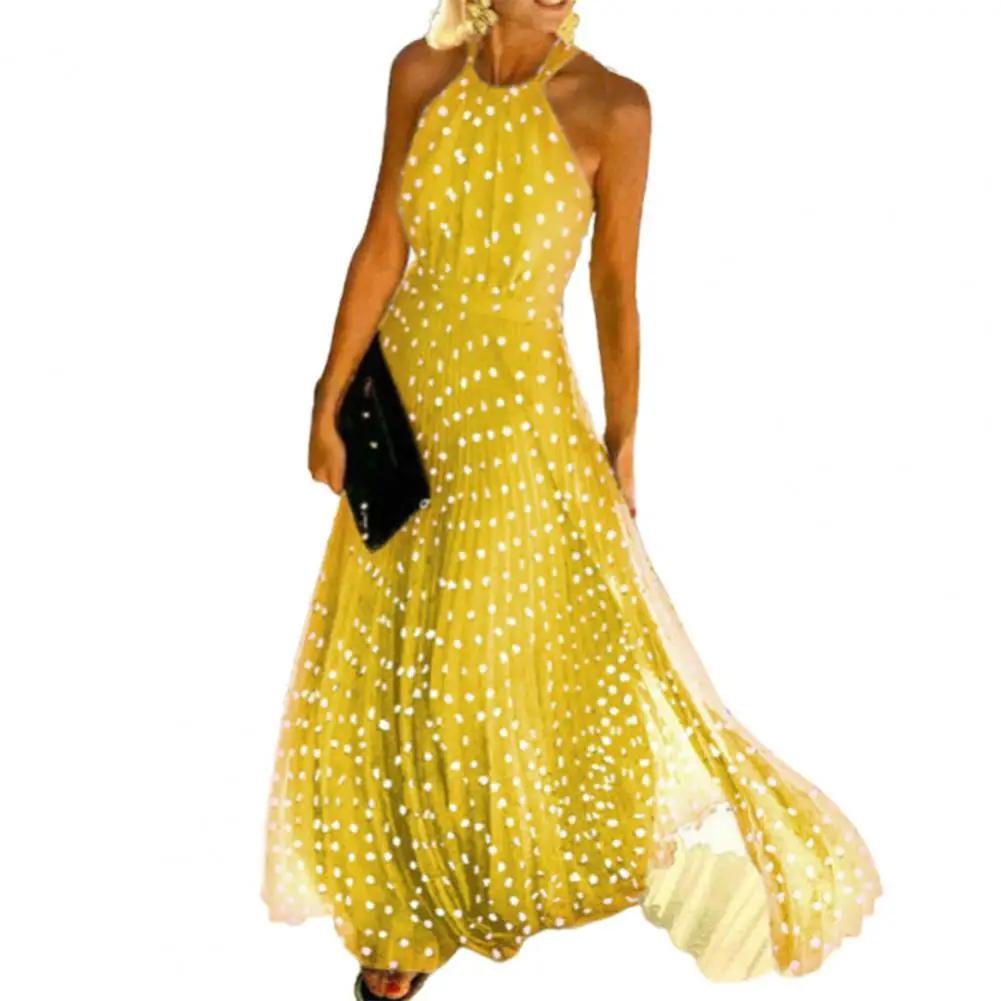 Banquet Halter Dress Women Loose Sexy Wide Hem Backless Summer Dress Polka Dot Printing Dress Yellow