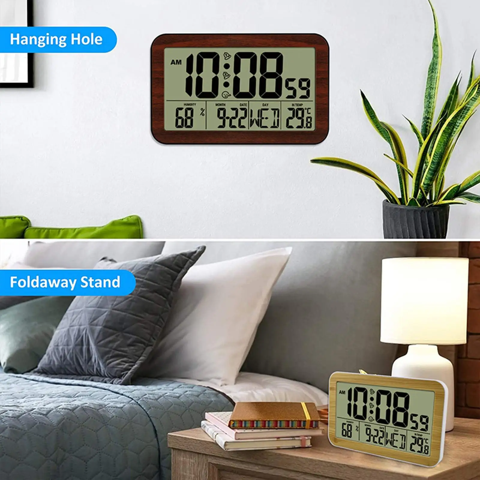 Digital Alarm Clock Battery Operated Snooze Function Large LCD Display Modern Desk Wall Clock for Bedroom Table Bedside Home