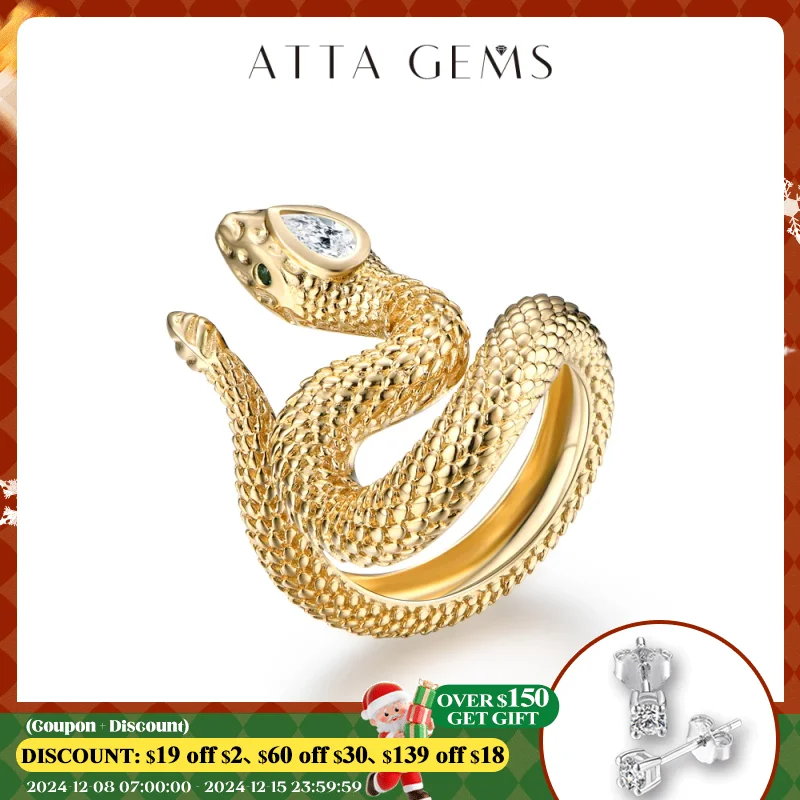 Attagems Luxury D Color Pear Cut Trendy Moissanite Ring for Women Real S925 Silver Yellow Gold Plated Snake Ring for Travel Gift