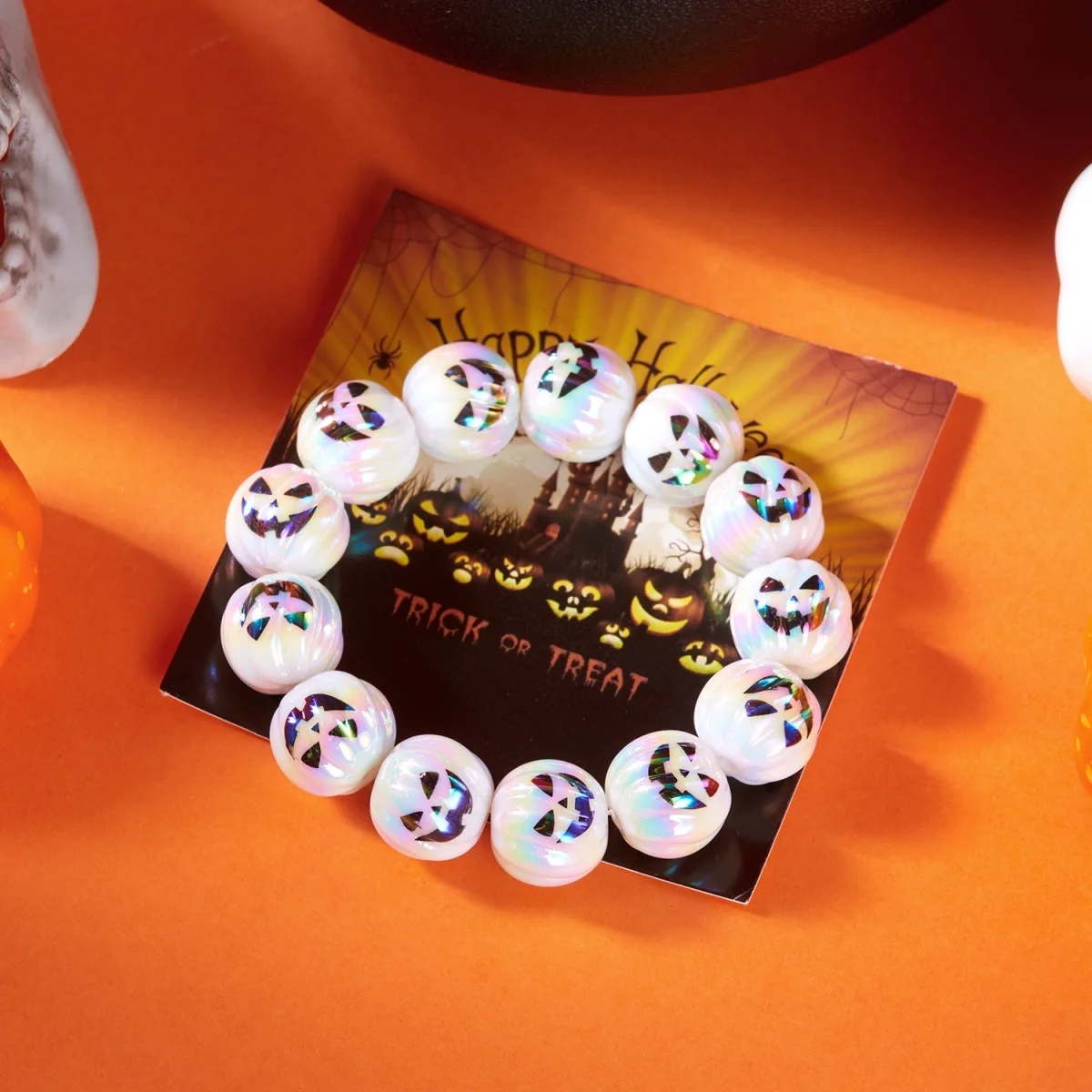 Halloween Armband Schwarz Geist Spinne Kürbis Schädel Skelett Harz Perlen Stretch Armreif Gothic Party Schmuck Geschenk Für Frauen Männer