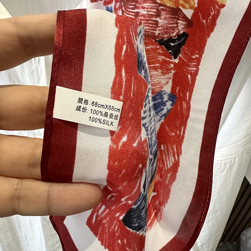 Red Crayon Drawing Silk Scarf Women's Spring Thin Edition Pure Silk 70 Square Scarf Neck Protection Scarf Women's Gift sj123