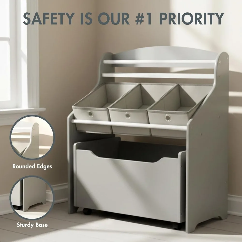 رف كتب للأطفال 3 في 1 ومنظم تخزين الألعاب مع صندوق دوار وصناديق قماش لغرفة اللعب في الحضانة