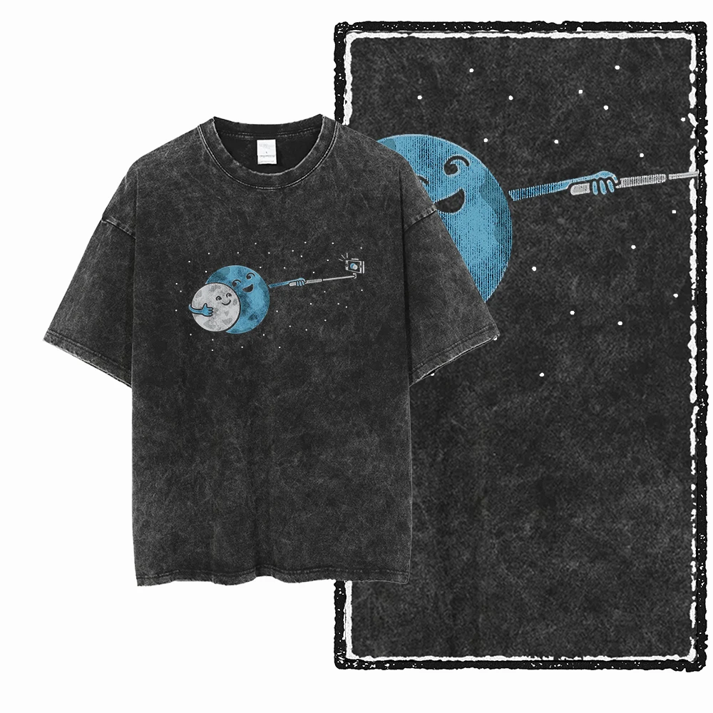 SA ASTRONAUT SPACE THEMES Printed Cotton Acid Washed Graphic Unisex T Shirt Cool Streetwear Men Women O-collar Tshirts New Tees