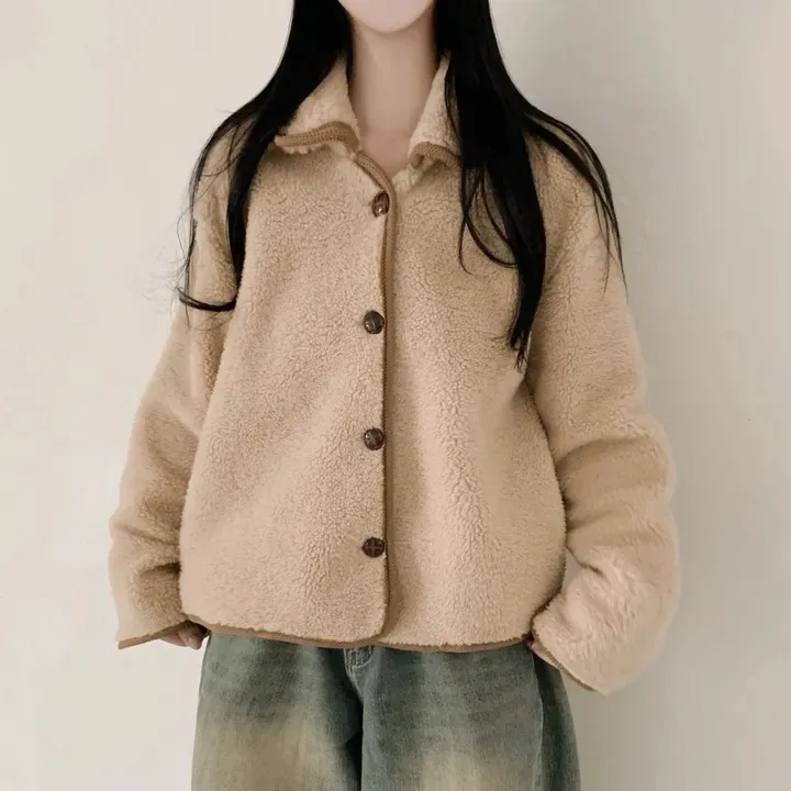 معطف نسائي أنيق غير رسمي فضفاض طويل Sve من فرو الضأن الكوري Sle للخريف والشتاء متعدد الاستخدامات للتخسيس اللون بياقة Blo... #4