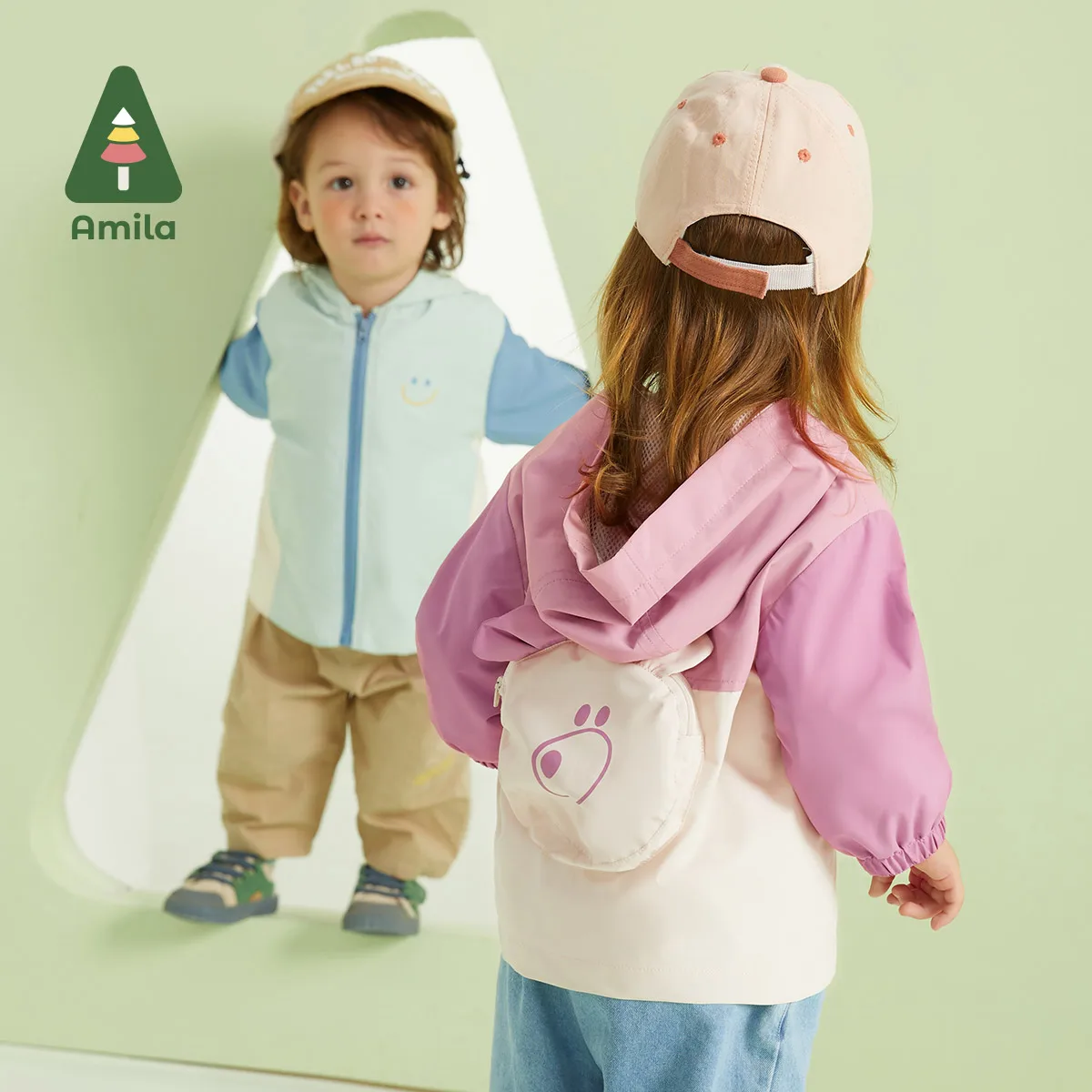 

Amila Baby Jaket 2023 Spring New Girls and Boys Fashion Spliced Casual Hooded Coat Cute Bear Cartoon Smile Loose Kids Clothes