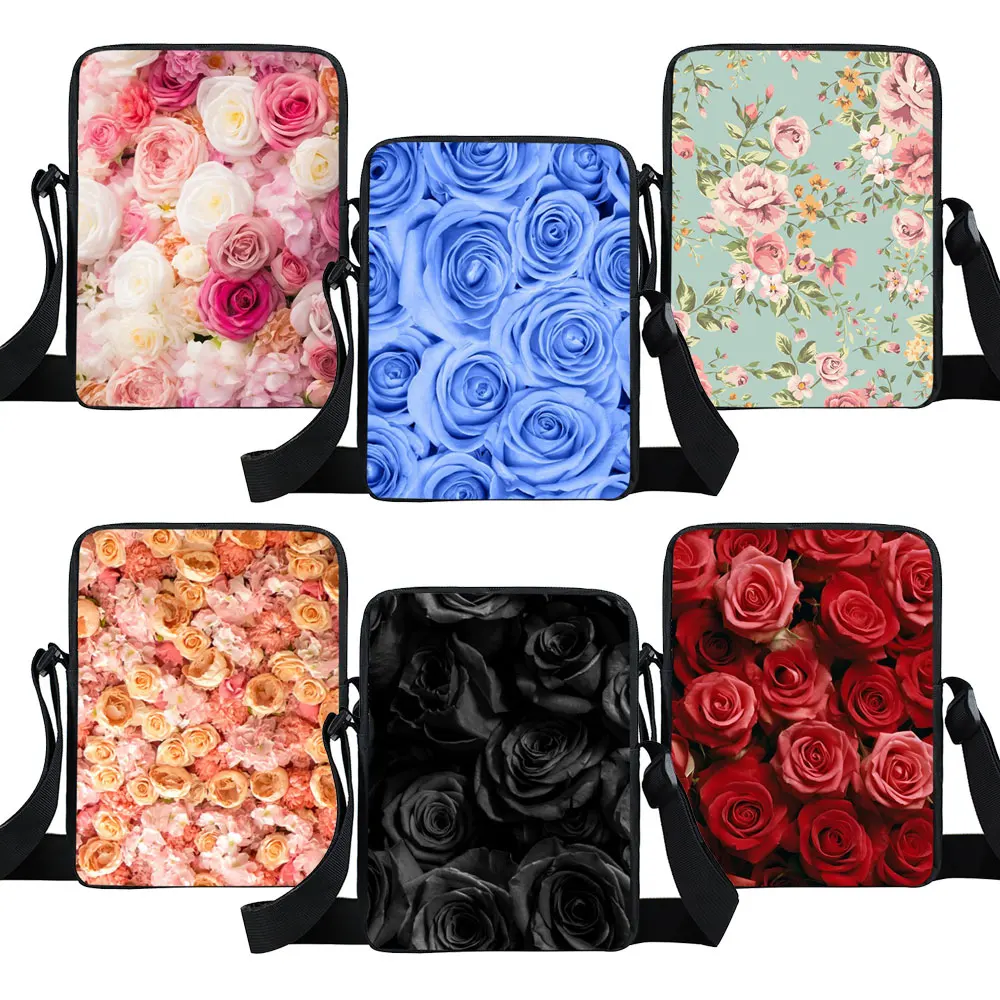 Rose Flower Pattern Print Crossbody Bag Blue Rose Messenger Bags Shoulder Bag School Handbag Book Bag Phone Key Earphones Bag