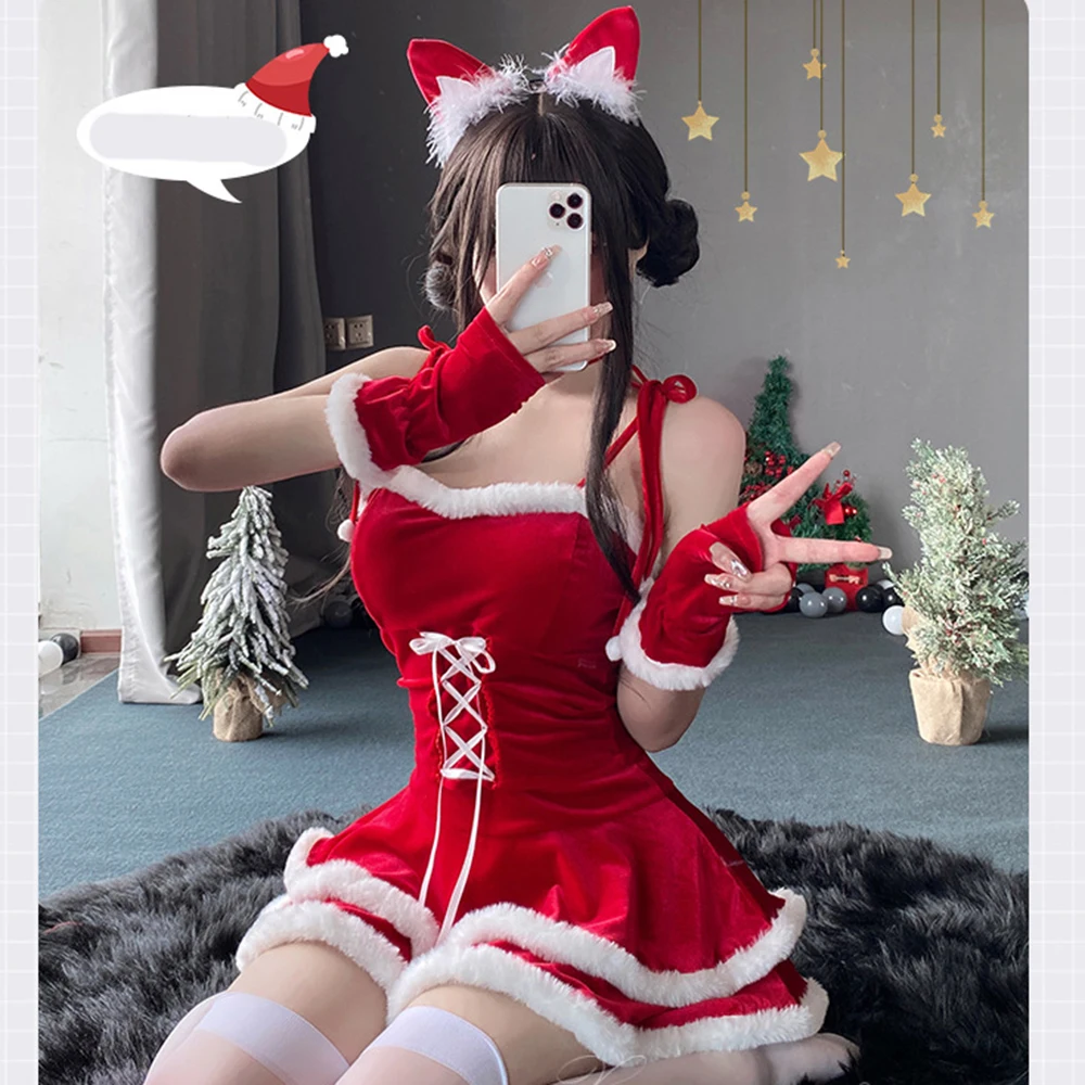 Women's Christmas Costume Halloween Sexy Bunny Uniform Sweet Kawaii Mrs. Santa Claus Red Velvet Top + Skirt + Gloves Full Set