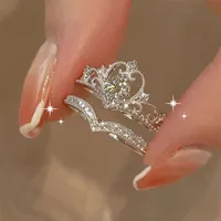 Simple Fashion Promise Crown Rings for Women Crystal Zircon Bridal Party Wedding Jewelry Delicate Female Engagement Ring 2PC