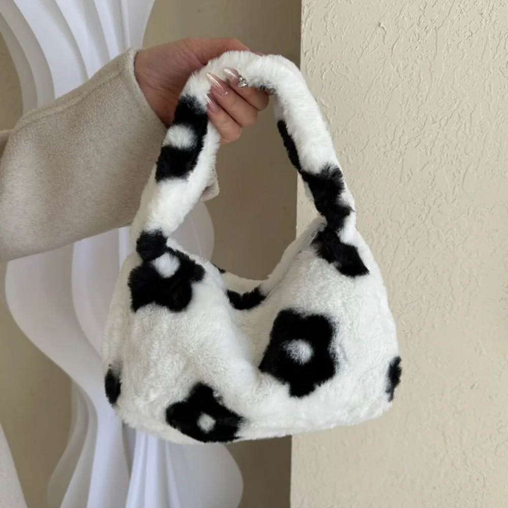 ISKYBOB Women\'s Soft Plush Shoulder Bag Winter Fashion Casual Solid Color Leopard Pattern Underarm Bag Female Handbags Tote Bag