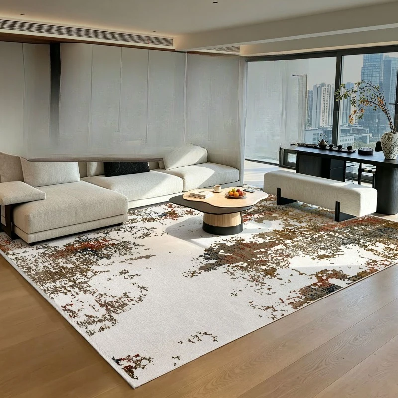 The living room rug is vintage, abstract, lightly luxurious, high-end, and versatile