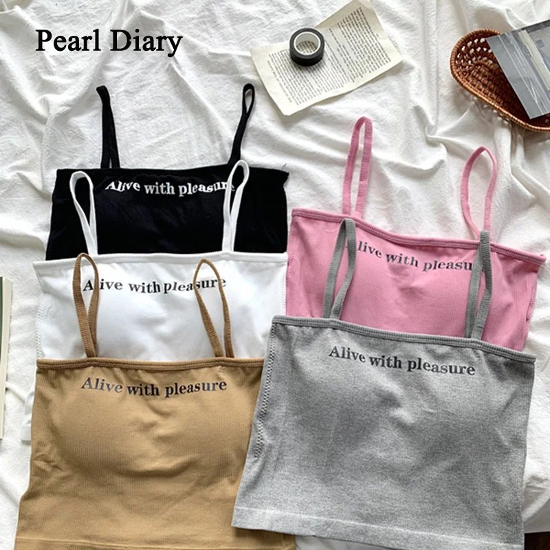 Pearl Diary-camisetas sin mangas rosas para mujer, Top corto Sexy con estampado de letras, cuello oblicuo, Top delgado de punto corto