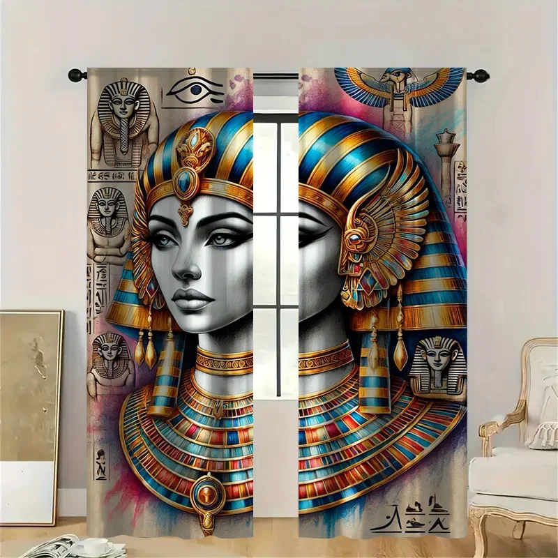 2pcs Egyptian Queen Portrait Curtains with Rod Pocket, Blue Gold Hieroglyphic Print Sheer,Mysterious Royal Decor for Themed Room