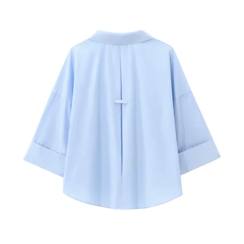 Imagen 2 del producto Otoño nueva camisa de popelina con hebilla mezclada de algodón de manga ancha rizada con cuello suelto europeo y americano